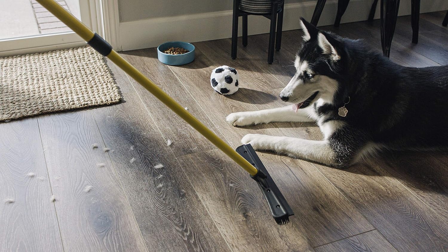 FURemover Original Indoor Pet Hair Rubber Broom with Carpet Rake and Squeegee, Black and Yellow