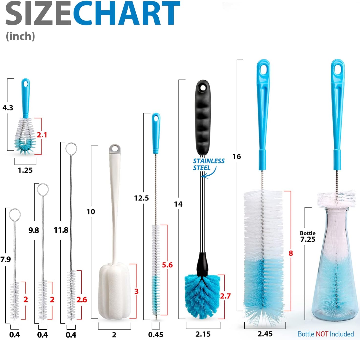 Holikme 8 Pack Bottle Brush Cleaning Set, Long Handle Bottle Cleaner for Washing Narrow Neck Beer Bottles Wine Decanter Narrow Cup Pipes Sinks Cup Cover, White