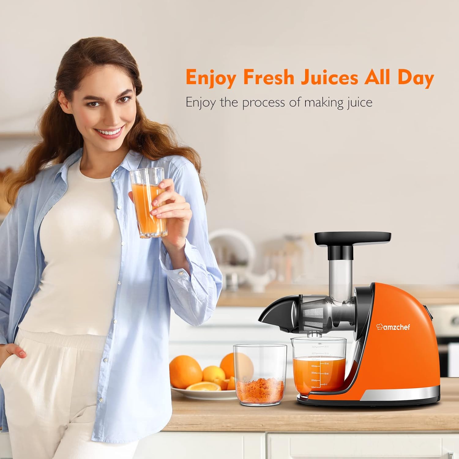 Masticating Juicer Machines, AMZCHEF Slow Cold Press Juicer with Reverse Function, High Juice Yield, Easy Clean with Brush,Recipes for High Nutrient Fruits and Vegetables, Gray(Updated)