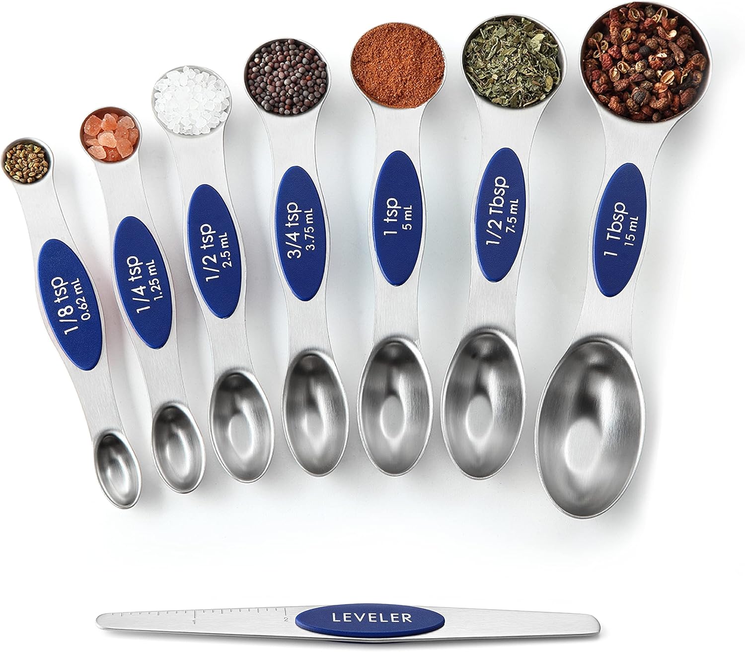 Spring Chef Magnetic Measuring Spoons Set with Strong N45 Magnets, Heavy Duty Stainless Steel Metal, Fits in Most Kitchen Spice Jars for Baking & Cooking, BPA Free, Black, Set of 8 with Leveler