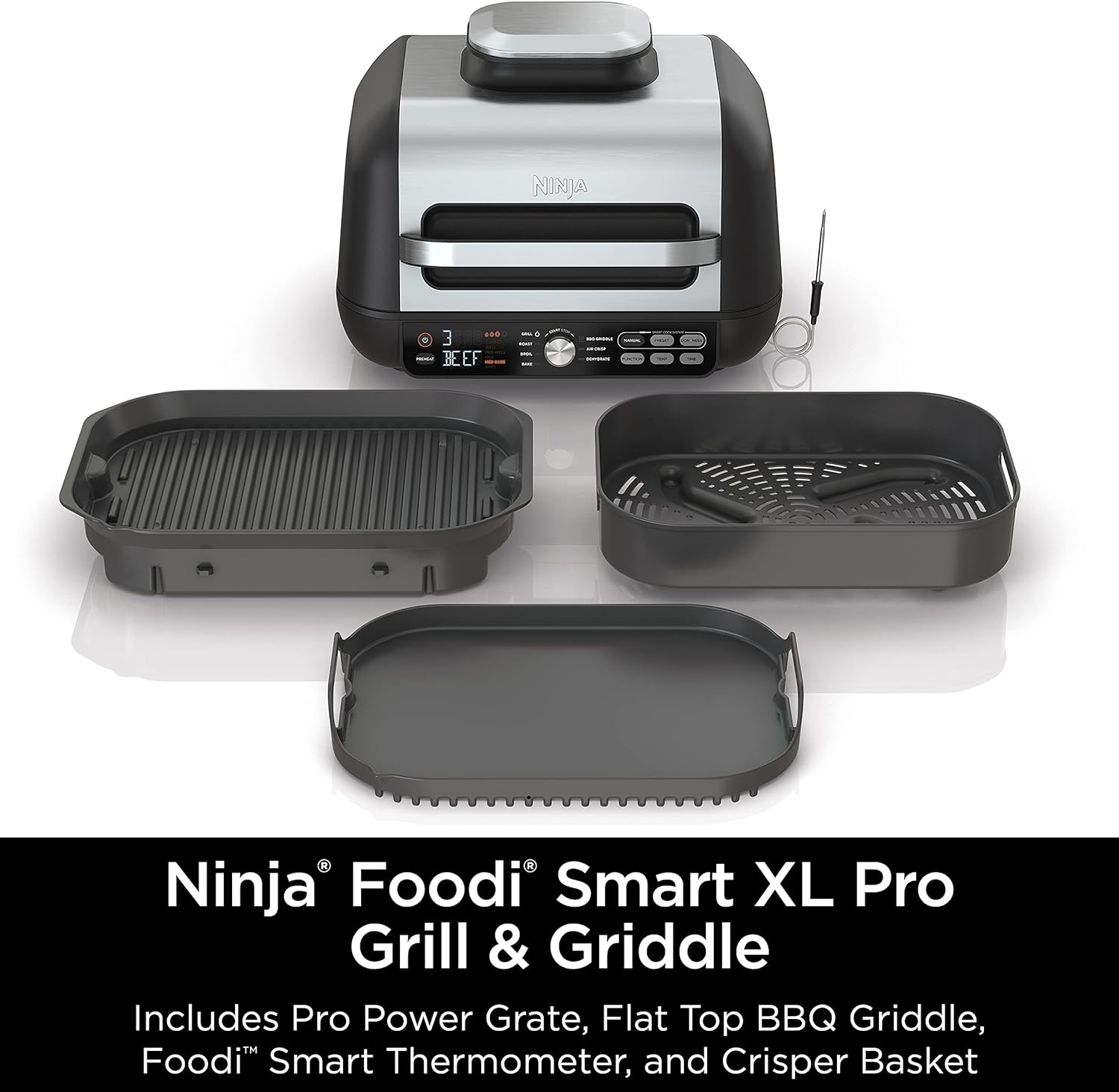 Ninja FG551 Foodi Smart XL 6-in-1 Indoor Grill with Air Fry, Roast, Bake, Broil & Dehydrate, Smart Thermometer, Black/Silver
