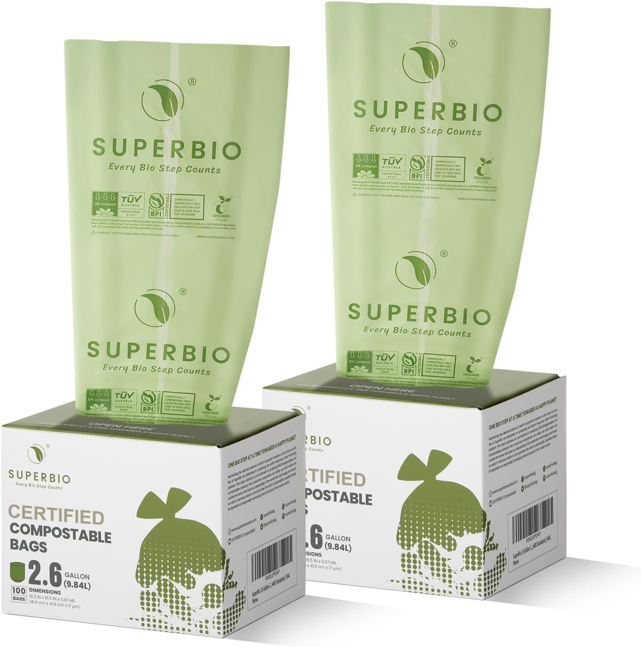 SUPERBIO 1.6 Gallon Handle Tie Compostable Food Scrap Bags For Counter Top Compost Bin, Small Compost Bags, 50 Count, 6 Liter, BPI & OK compost INDUSTRIAL Certified