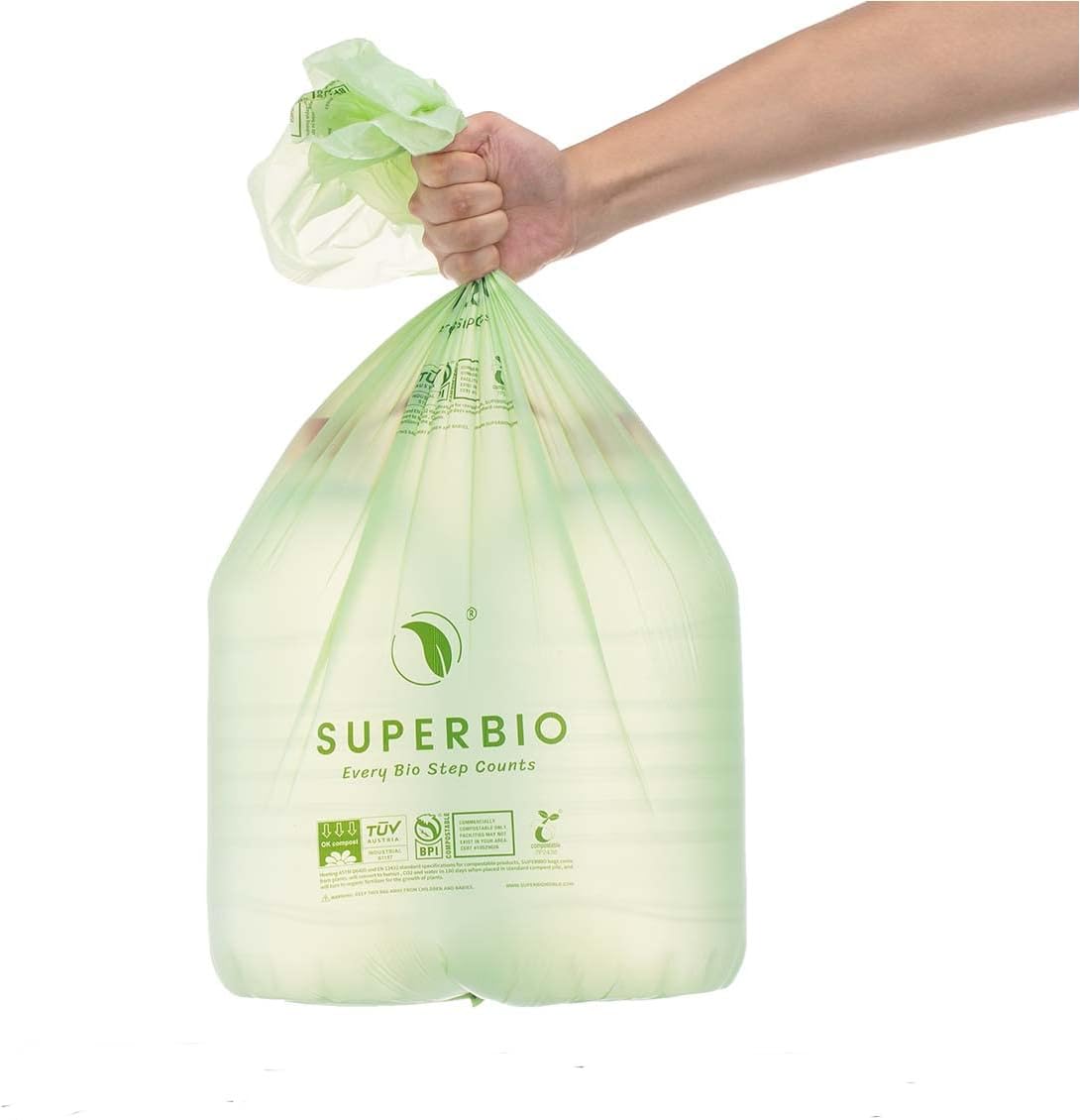 SUPERBIO 1.6 Gallon Handle Tie Compostable Food Scrap Bags For Counter Top Compost Bin, Small Compost Bags, 50 Count, 6 Liter, BPI & OK compost INDUSTRIAL Certified