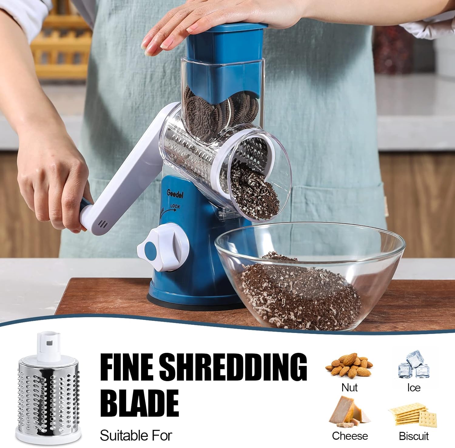 Geedel Rotary Cheese Grater, Kitchen Mandoline Vegetable Slicer with 3 Interchangeable Blades, Easy to Clean Grater for Fruit, Vegetables, Nuts