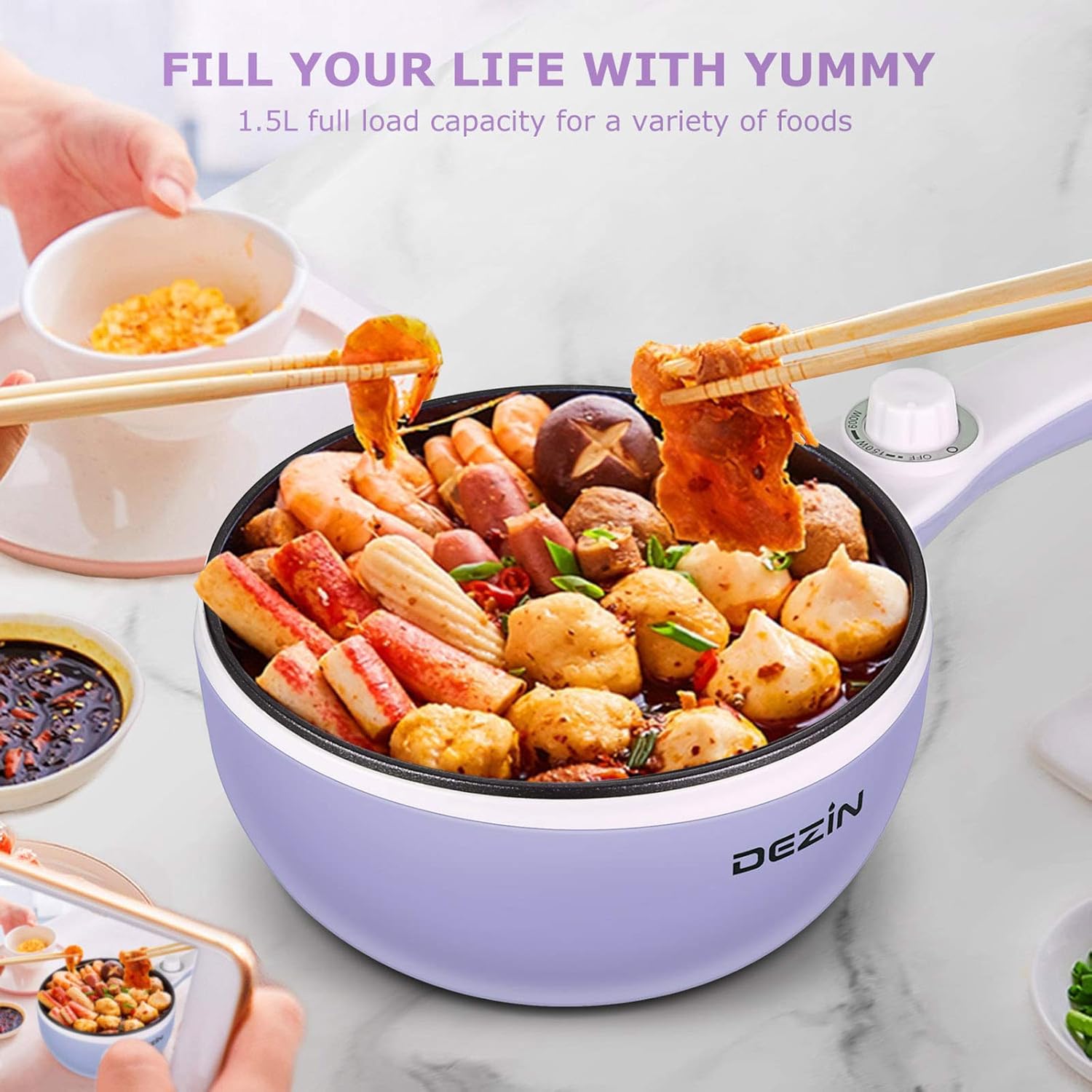 Dezin Hot Pot Electric Upgraded, Non-Stick Sauté Pan, Rapid Noodles Electric Pot, 1.5L Mini Portable Hot Pot for Steak, Egg, Fried Rice, Ramen, Oatmeal, Soup with Power Adjustment(Egg Rack Included)