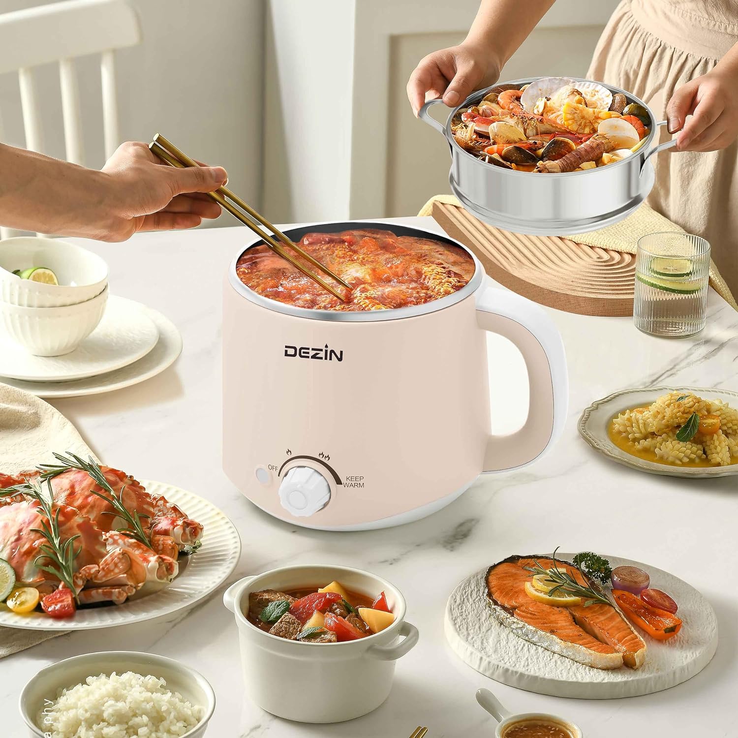 Dezin Electric Pot, 1.6L Ramen Cooker, Hot Pot Electric Stainless Steel, Multifunctional Electric Cooker for Egg, Pasta, Soup, Porridge, Oatmeal with Temperature Control and Keep Warm Function