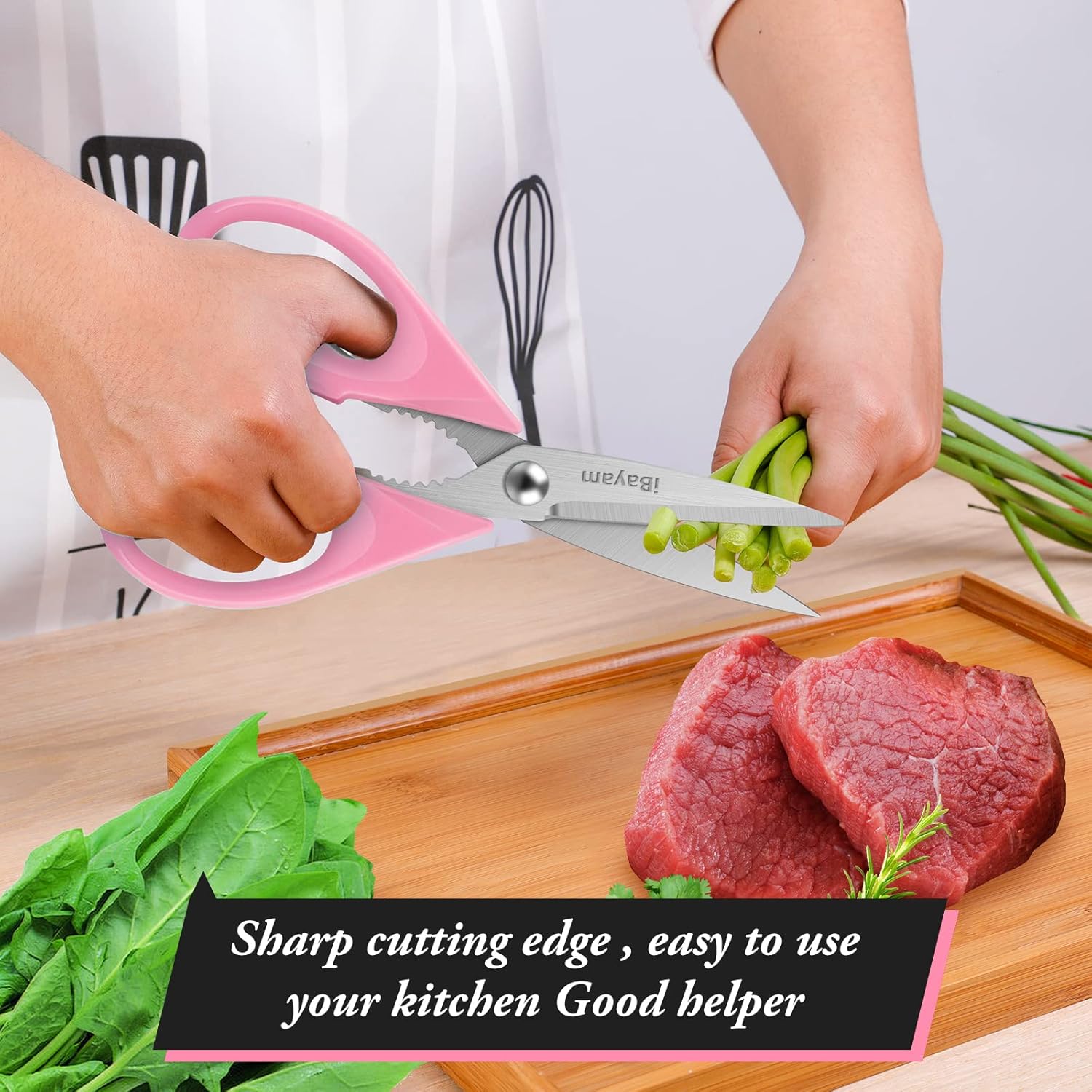 iBayam Kitchen Scissors All Purpose Heavy Duty Meat Poultry Shears, Dishwasher Safe Food Cooking Scissors Stainless Steel Utility Scissors, 2-Pack (Black Red, Black Gray)