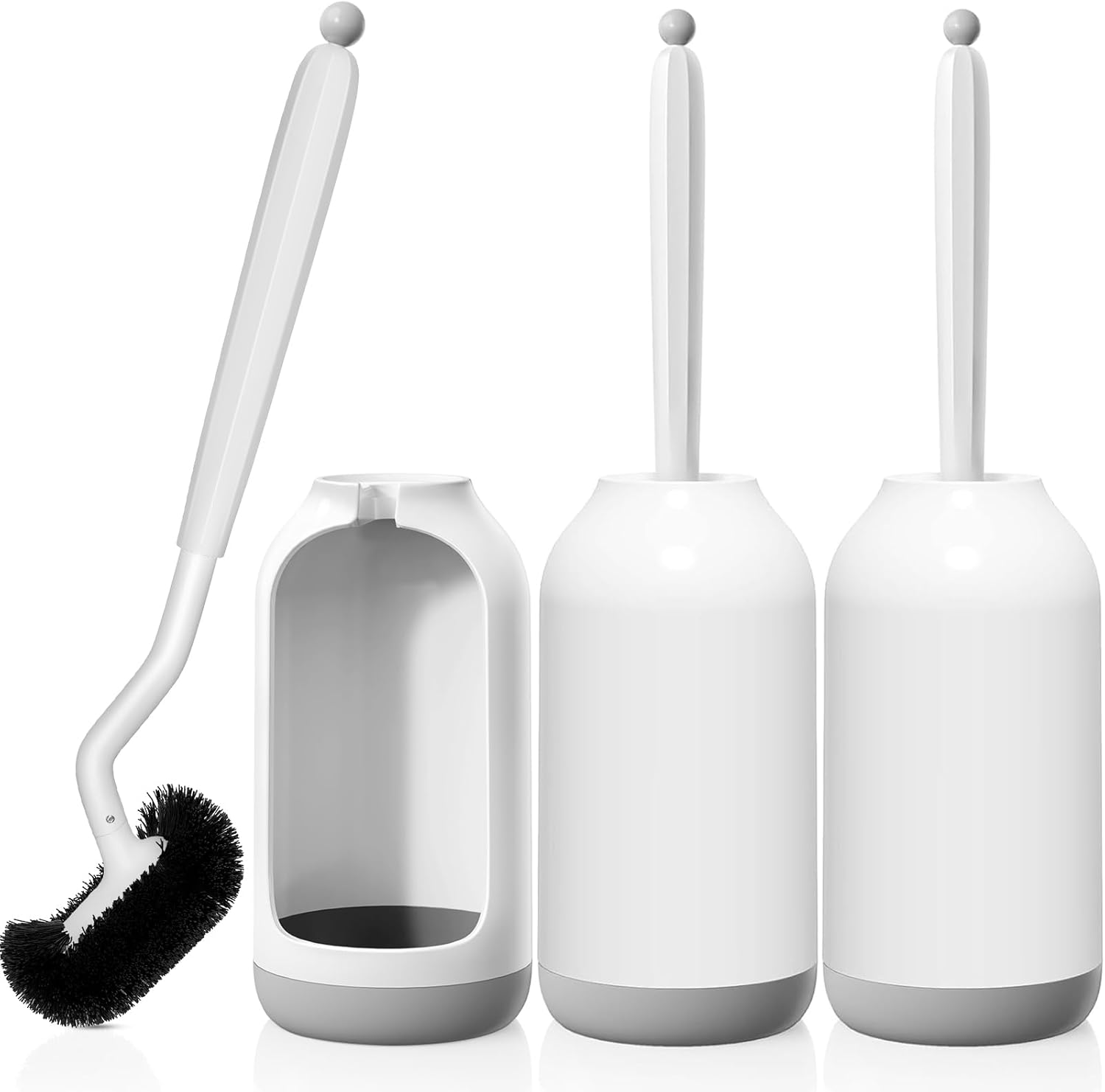HAMITOR Toilet Bowl Brush Holder Set: Bathroom Deep Cleaning Toilet Cleaner Scrubber Under Rim with Curved Bristle for Dead Corner Clean - Hidden Rv Toilet Decorative Accessories with Caddy- White