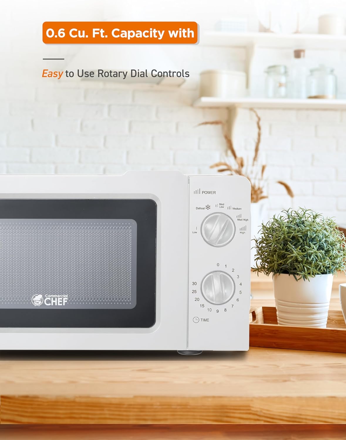 COMMERCIAL CHEF 0.6 Cubic Foot Microwave with 6 Power Levels, Small Microwave with Grip Handle, 700W Countertop Microwave with 30 Minute Timer and Mechanical Dial Controls, White