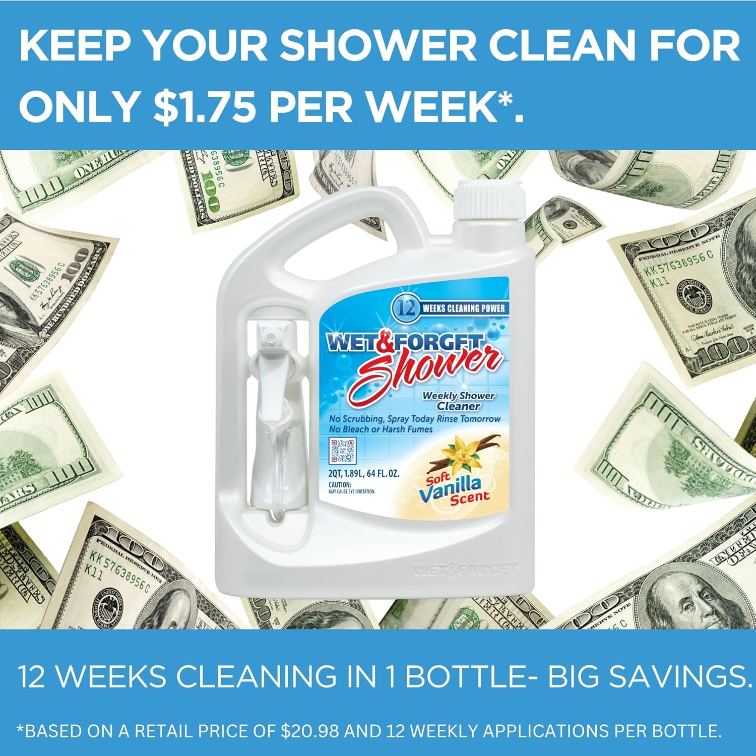 Wet & Forget Shower Cleaner Spray Multi-Surface Weekly Application Requires No Scrubbing, Bleach-Free Formula, Ready to Use, Fresh Scent, 3 Months of Cleaning, 64 Fluid Ounces, 1 Pack