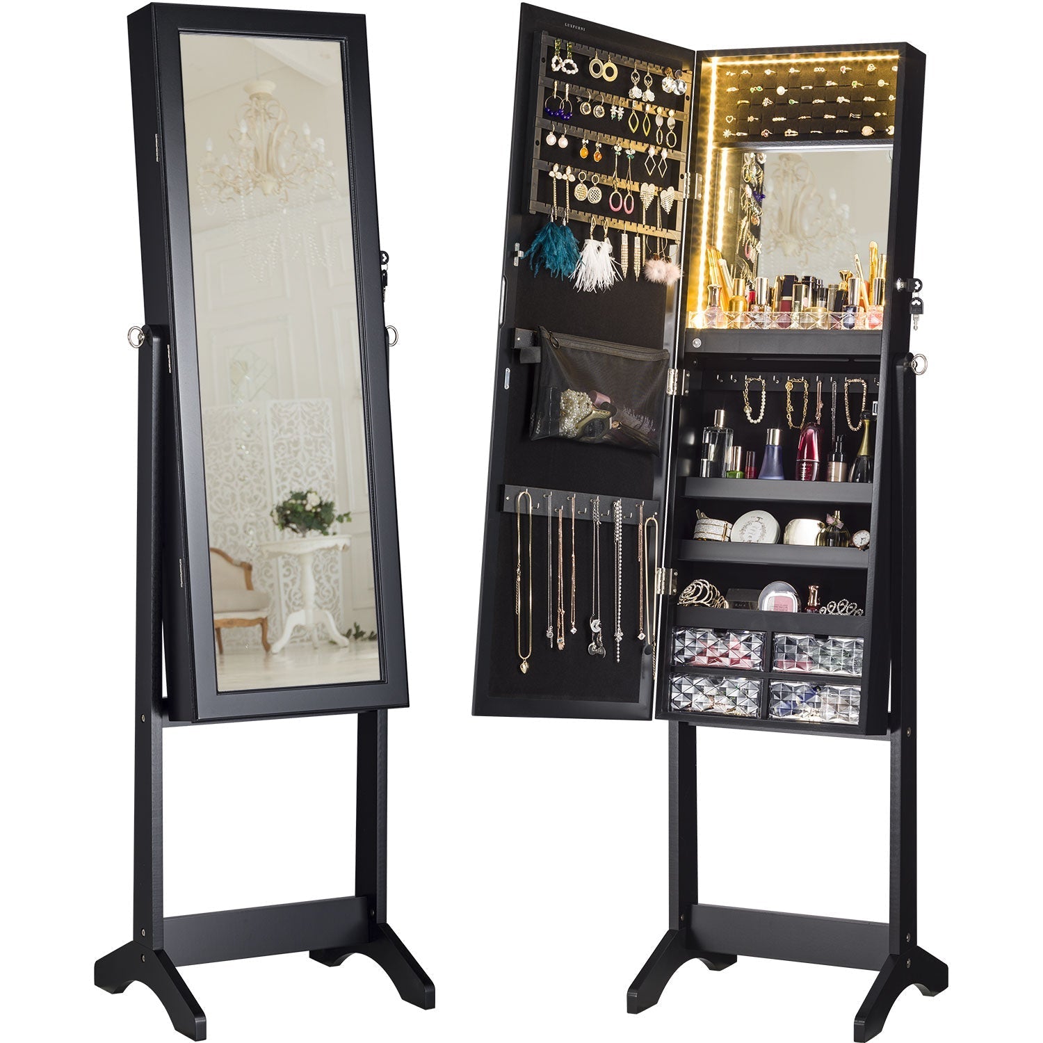Stella 6 Standing Jewelry Armoire Full Length Mirror With Built-in Lights – Black