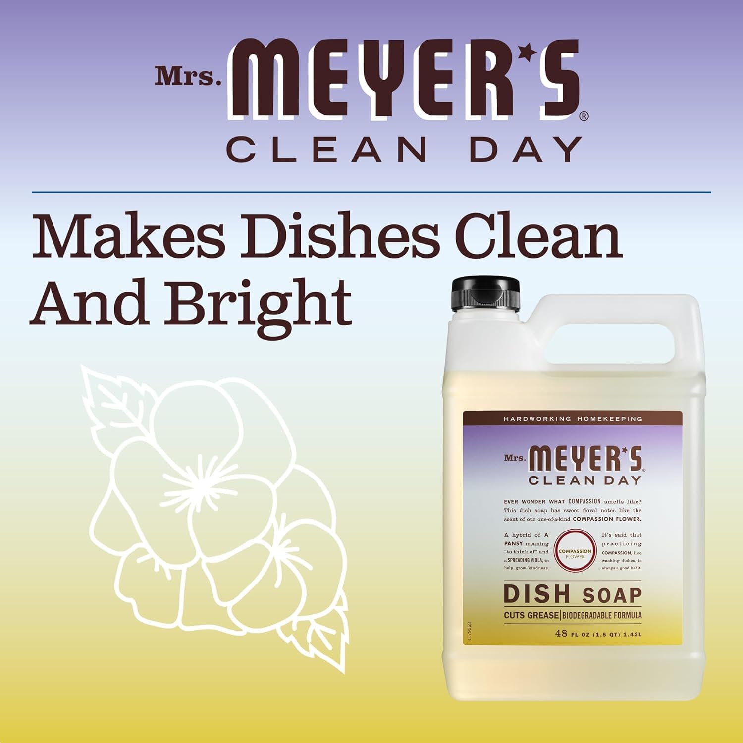 MRS. MEYER'S CLEAN DAY Liquid Dish Soap Refill, Biodegradable Formula, Basil, 48 fl. oz