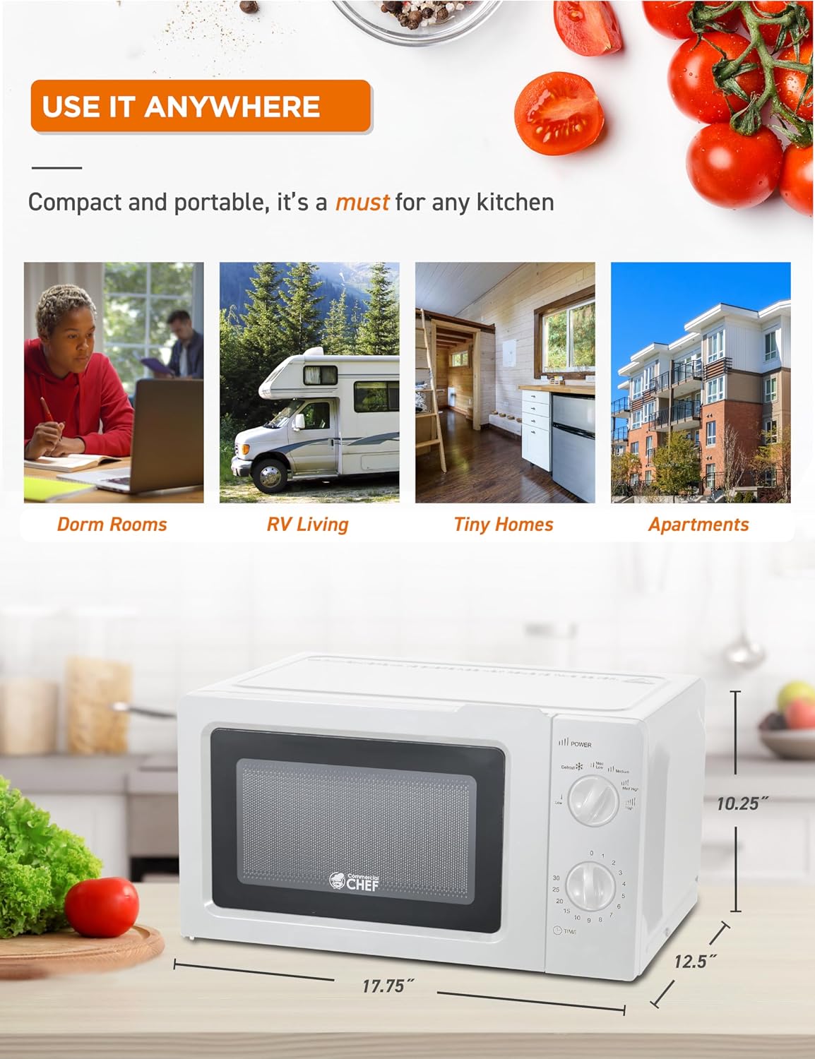 COMMERCIAL CHEF 0.6 Cubic Foot Microwave with 6 Power Levels, Small Microwave with Grip Handle, 700W Countertop Microwave with 30 Minute Timer and Mechanical Dial Controls, White