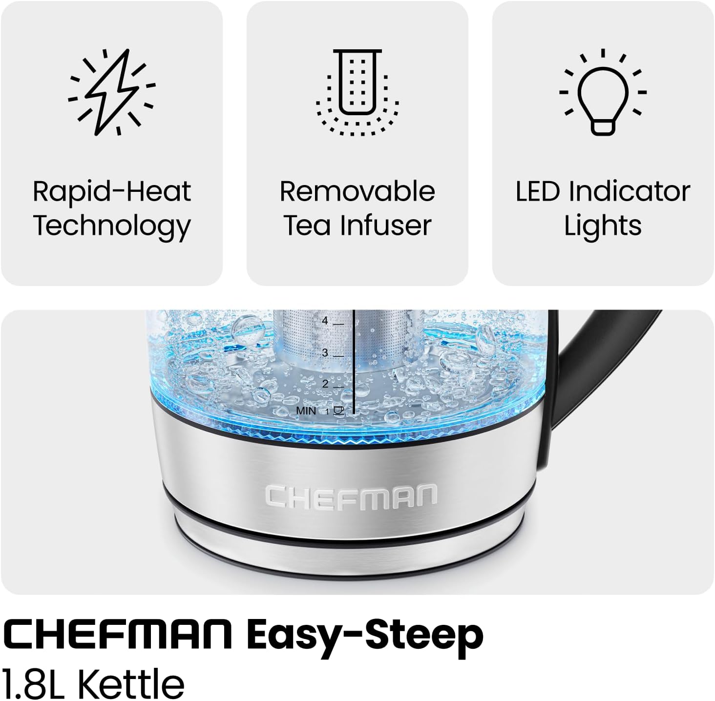 Chefman Electric Kettle with Temperature Control, 5 Presets LED Indicator Lights, Removable Tea Infuser, Glass Tea Kettle & Hot Water Boiler, 360° Swivel Base, BPA Free, Stainless Steel, 1.8 Liters