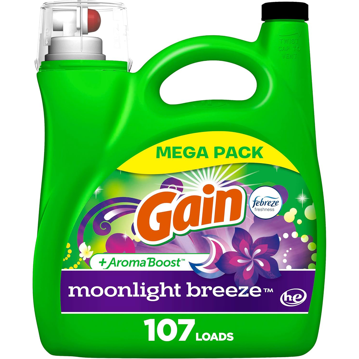 Gain + Aroma Boost Liquid Laundry Detergent, Moonlight Breeze Scent, 107 Loads, 154 Fl Oz, HE Compatible with Febreze and Oxi (125)