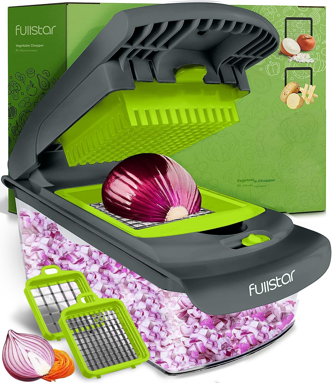 Fullstar Vegetable Chopper - Food Chopper - Onion Chopper - Vegetable Slicer & Spiralizer - Veggie Chopper with Container - Kitchen Gadgets - Home Essentials - Kitchen Accessories (4 in 1, White)