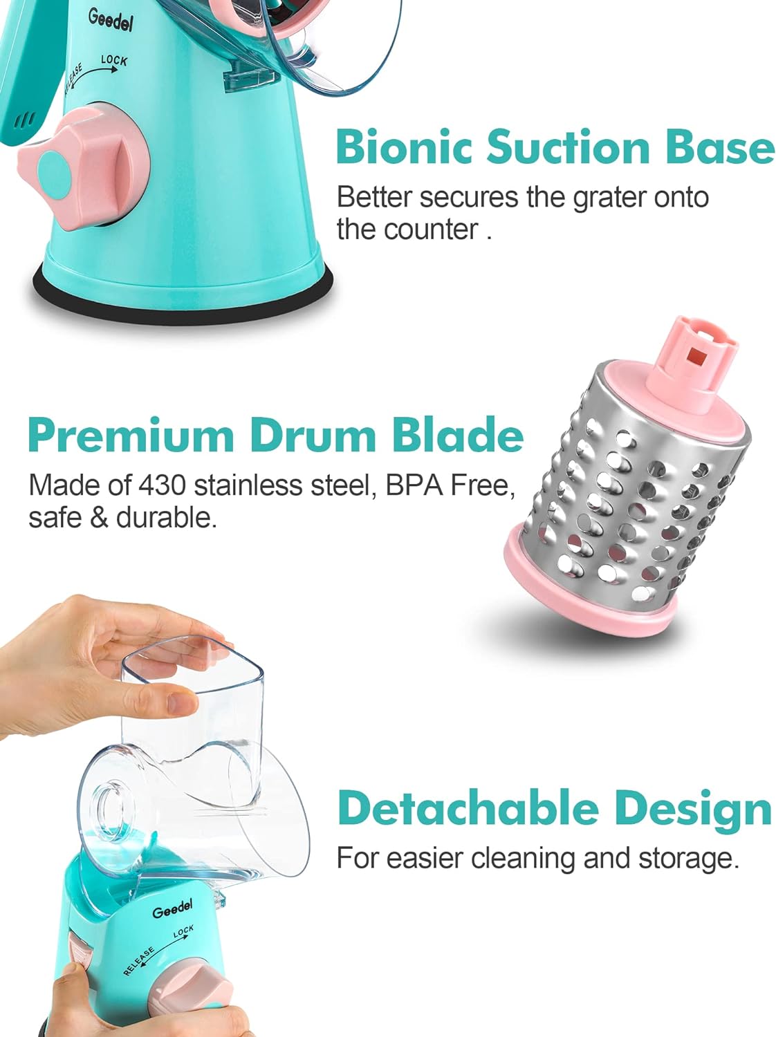 Geedel Rotary Cheese Grater, Kitchen Mandoline Vegetable Slicer with 3 Interchangeable Blades, Easy to Clean Grater for Fruit, Vegetables, Nuts