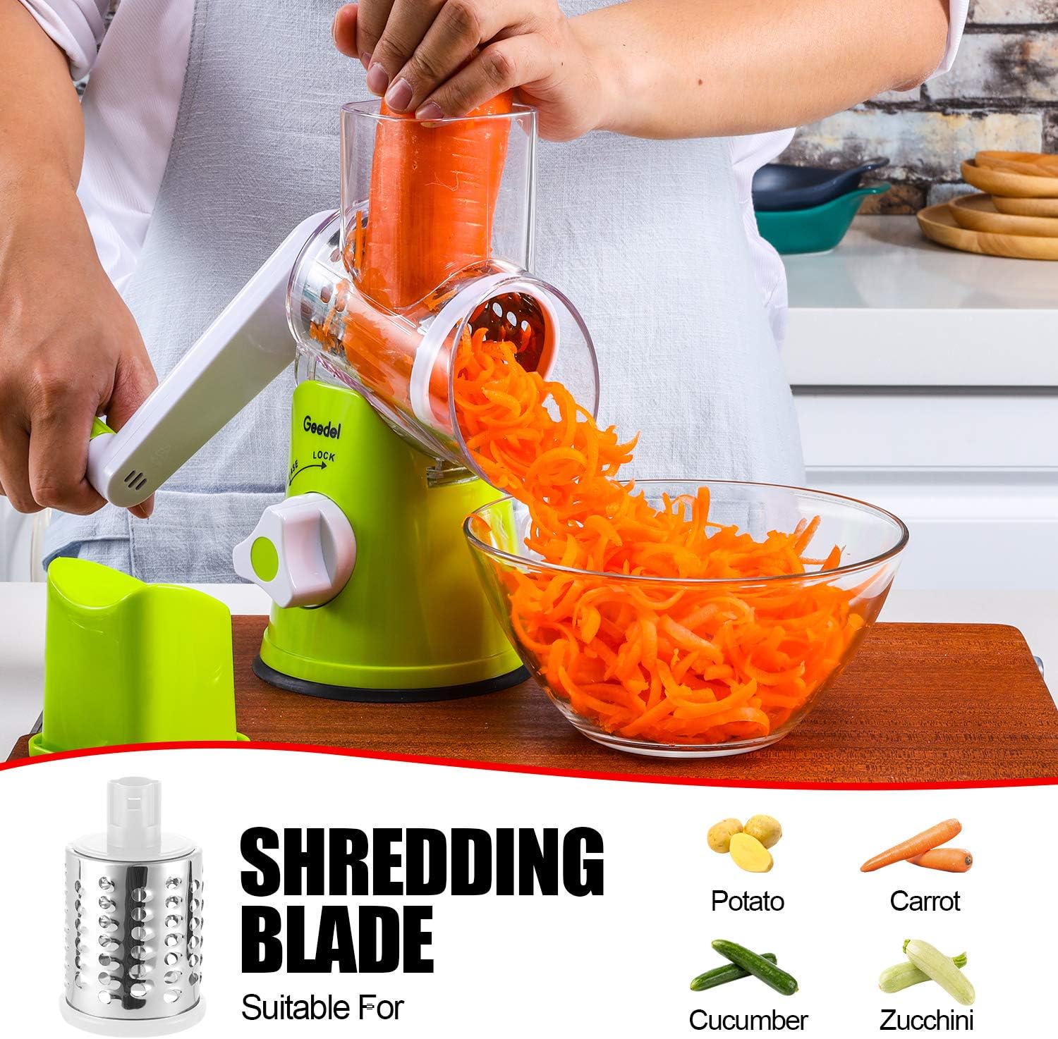 Geedel Rotary Cheese Grater, Kitchen Mandoline Vegetable Slicer with 3 Interchangeable Blades, Easy to Clean Grater for Fruit, Vegetables, Nuts