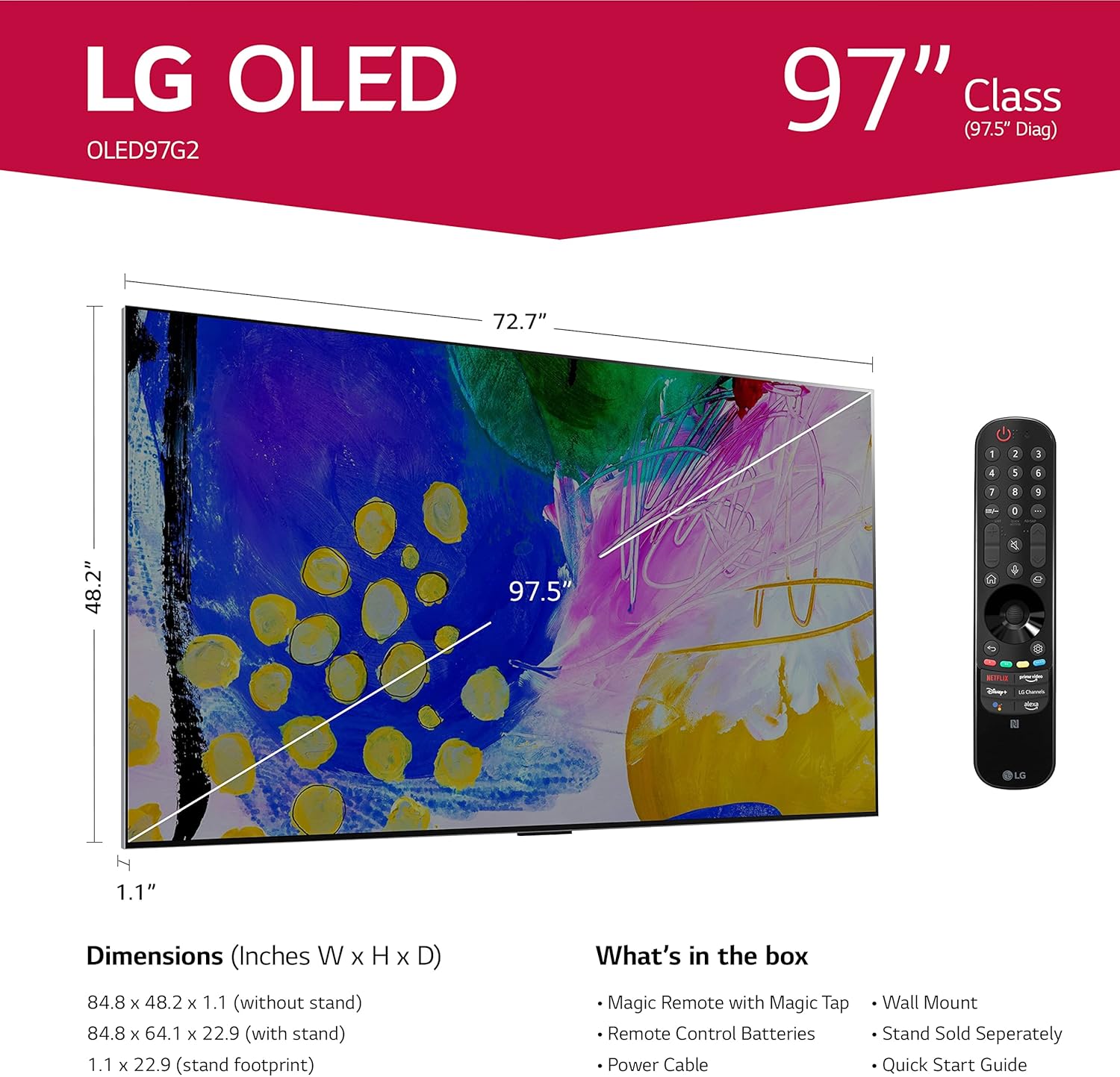 LG 97-Inch Class OLED evo Gallery Edition G2 Series Alexa Built-in 4K Smart TV, 120Hz Refresh Rate, AI-Powered, Dolby Vision IQ and Atmos, WiSA Ready, Cloud Gaming (OLED97G2PUA, 2022)