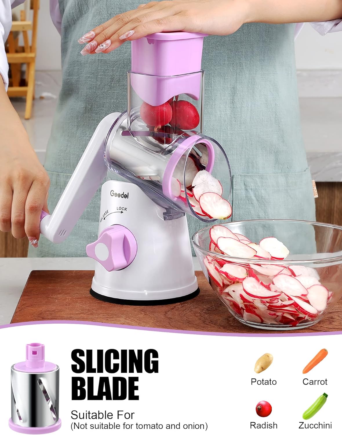 Geedel Rotary Cheese Grater, Kitchen Mandoline Vegetable Slicer with 3 Interchangeable Blades, Easy to Clean Grater for Fruit, Vegetables, Nuts