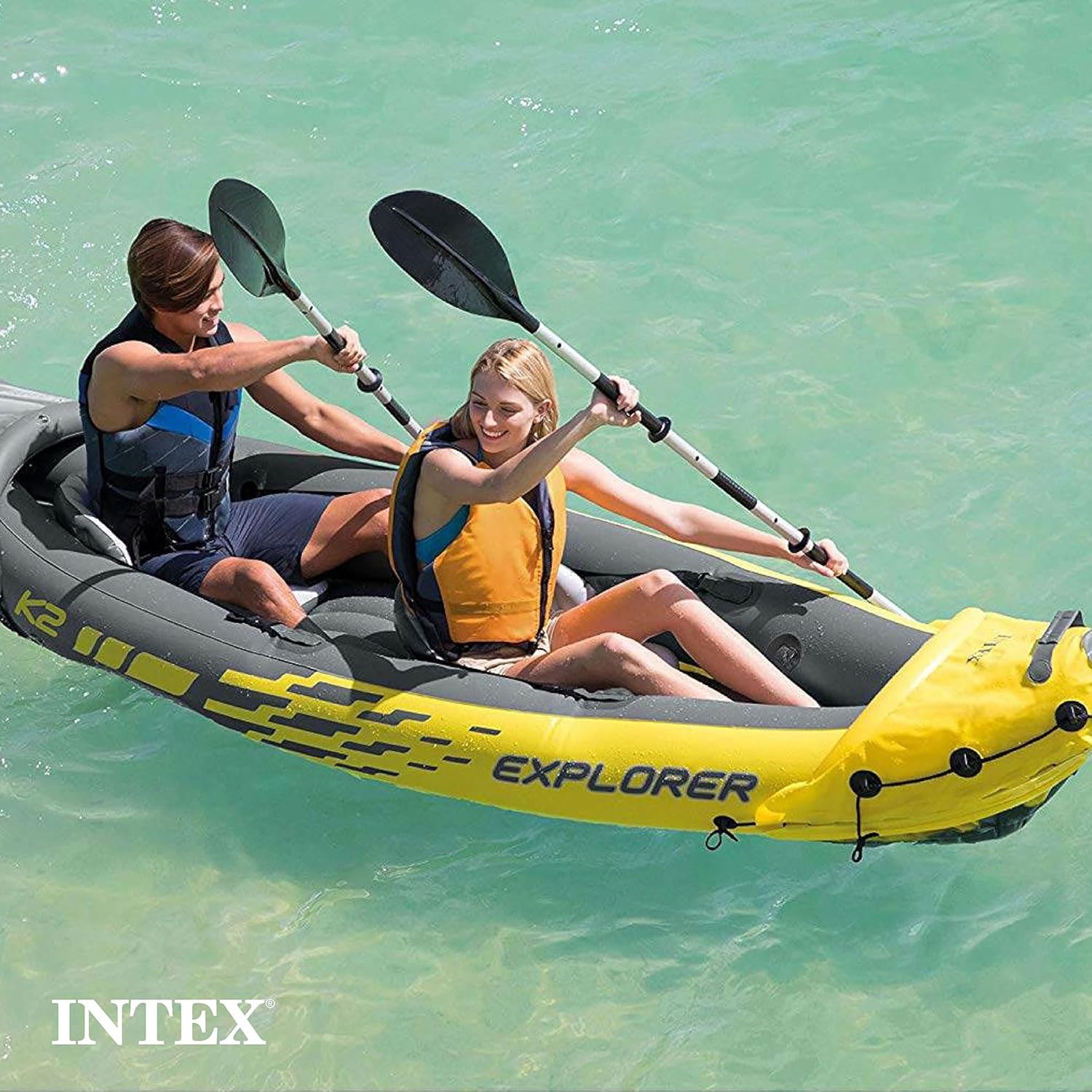Intex 68307EP Explorer K2 Inflatable Kayak Set: Includes Deluxe 86in Aluminum Oars and High-Output Pump – SuperStrong PVC