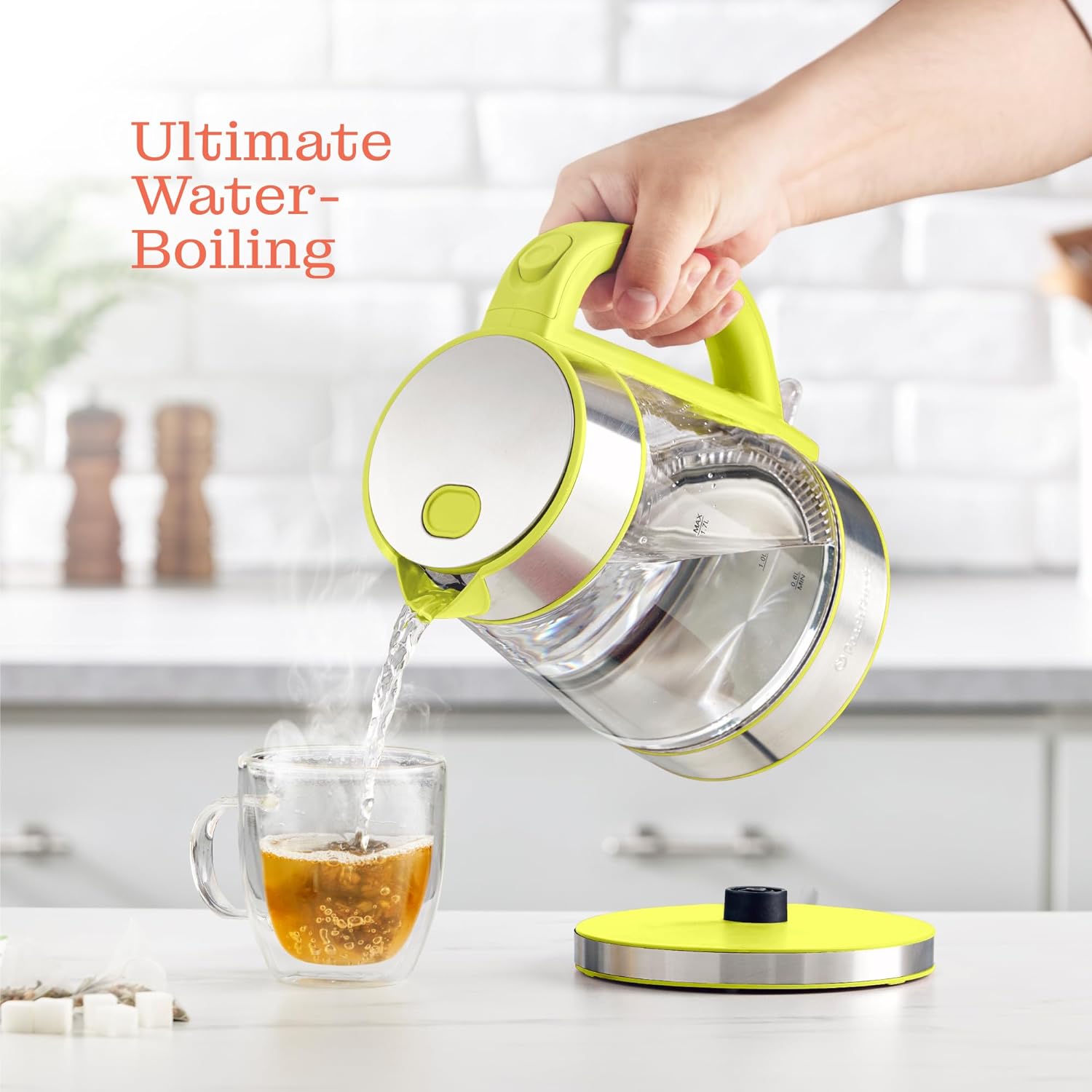 Speed-Boil Electric Kettle For Coffee & Tea - 1.7L Water Boiler 1500W, Borosilicate Glass, Easy Clean Wide Opening, Auto Shut-Off, Cool Touch Handle, LED Light. 360° Rotation, Boil Dry Protection