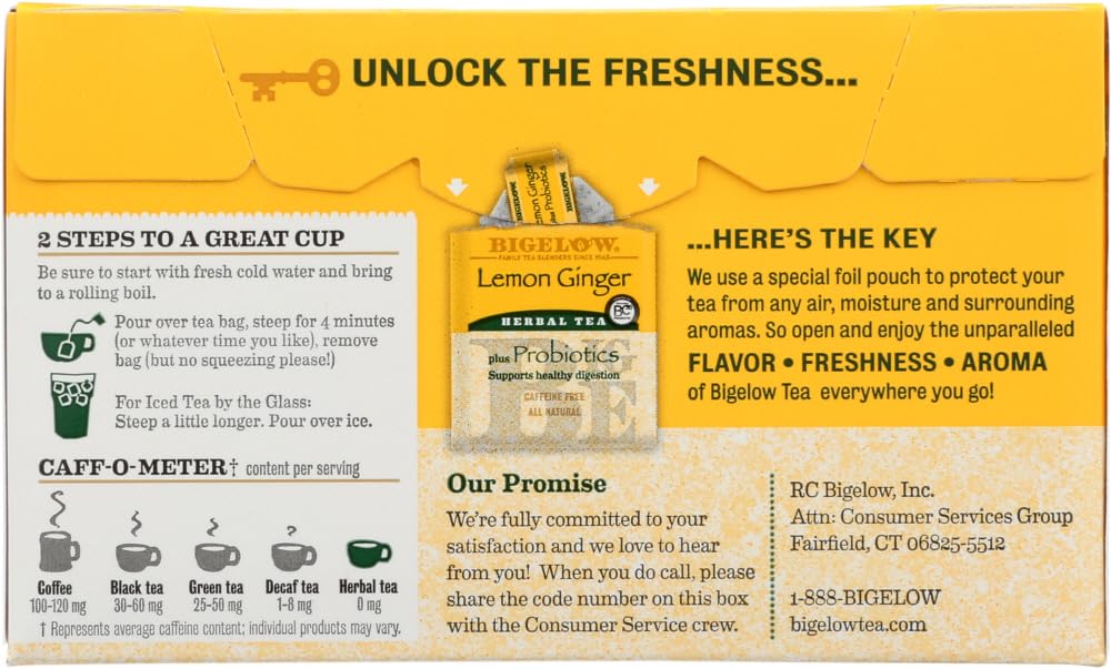 Bigelow Tea Lemon Ginger plus Probiotics Herbal Tea, Caffeine Free Tea with Lemon and Ginger, 18 Count Box (Pack of 6), 108 Total Tea Bags