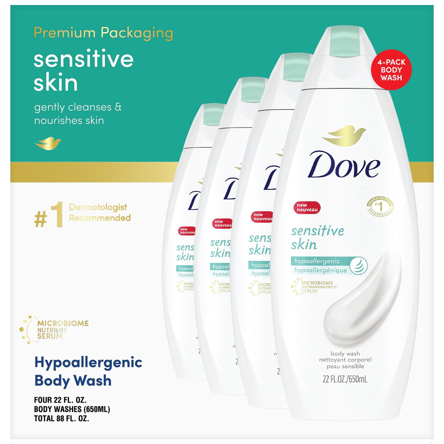 Dove Body Wash 3 Count with Pump Sensitive Skin Hypoallergenic, Paraben-Free, Sulfate-Free, Cruelty-Free, Moisturizing Skin Cleanser Effectively Washes Away Bacteria While Nourishing Skin 30.6 oz