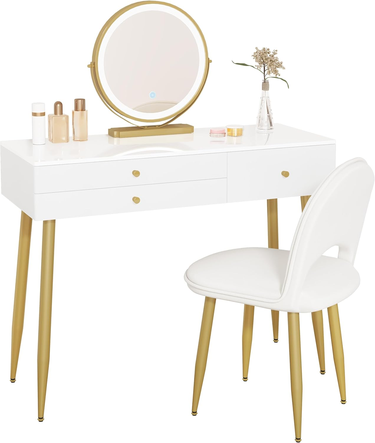 WOLTU MB6105ws Dressing Table with Lighting and Chair, 3 Colours with Adjustable Brightness, Dressing Table with 3 Solid Wood Drawers, Large Table Top 100 x 40 cm, White + Gold