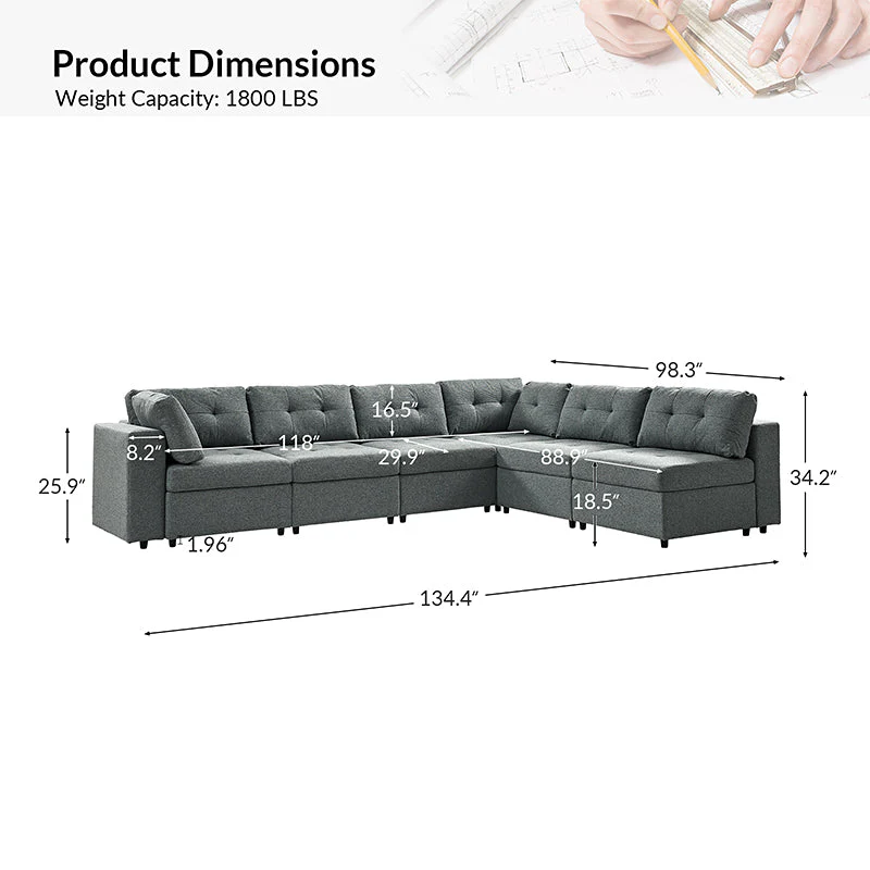 Raquel Sectional Six-Seat Storage Full Armrests Sofa