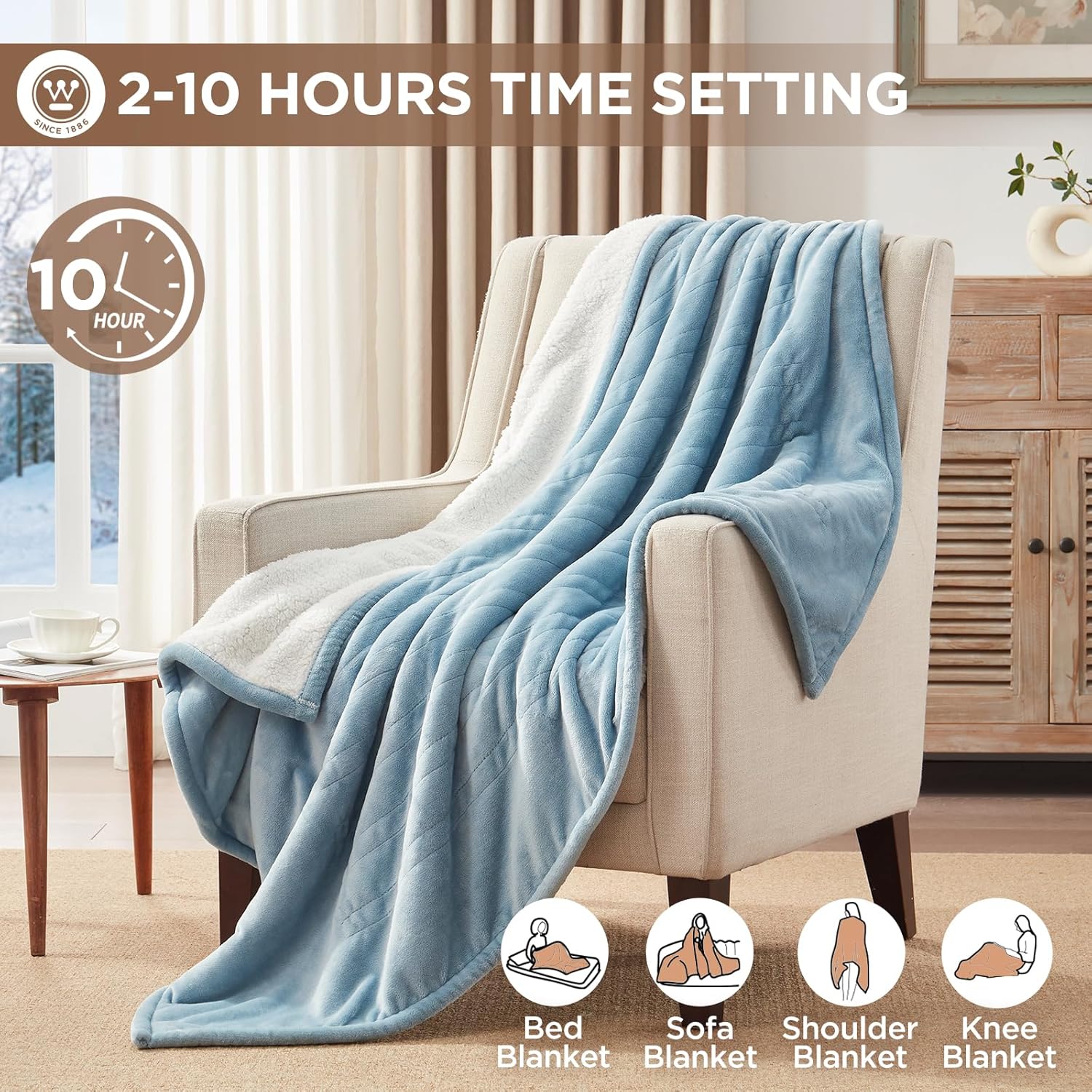 Westinghouse Heated Throw Blanket, Soft Flannel to Sherpa Electric Throw with 6 Heating Levels, 2-10 Hours Time Settings, Fast Heating, Machine Washable 50x60 Inch, Charcoal