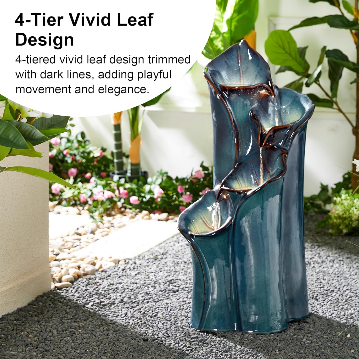 Outdoor Water Fountain with LED Lights and Pump, 4 Tier Dandelion Texture Vase Shaped Ceramic Floor Standing Fountain with Birds for Porch Deck Garden Patio Backyard, Turquoise