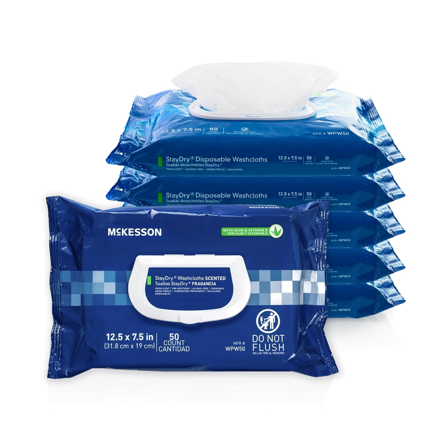 McKesson StayDry Disposable Wipe 12 Pack, 600 Washcloths - Large Adult Body and Incontinence Washcloths with Aloe and Vitamin E, Alcohol-Free, 50 Wipes Per Pack