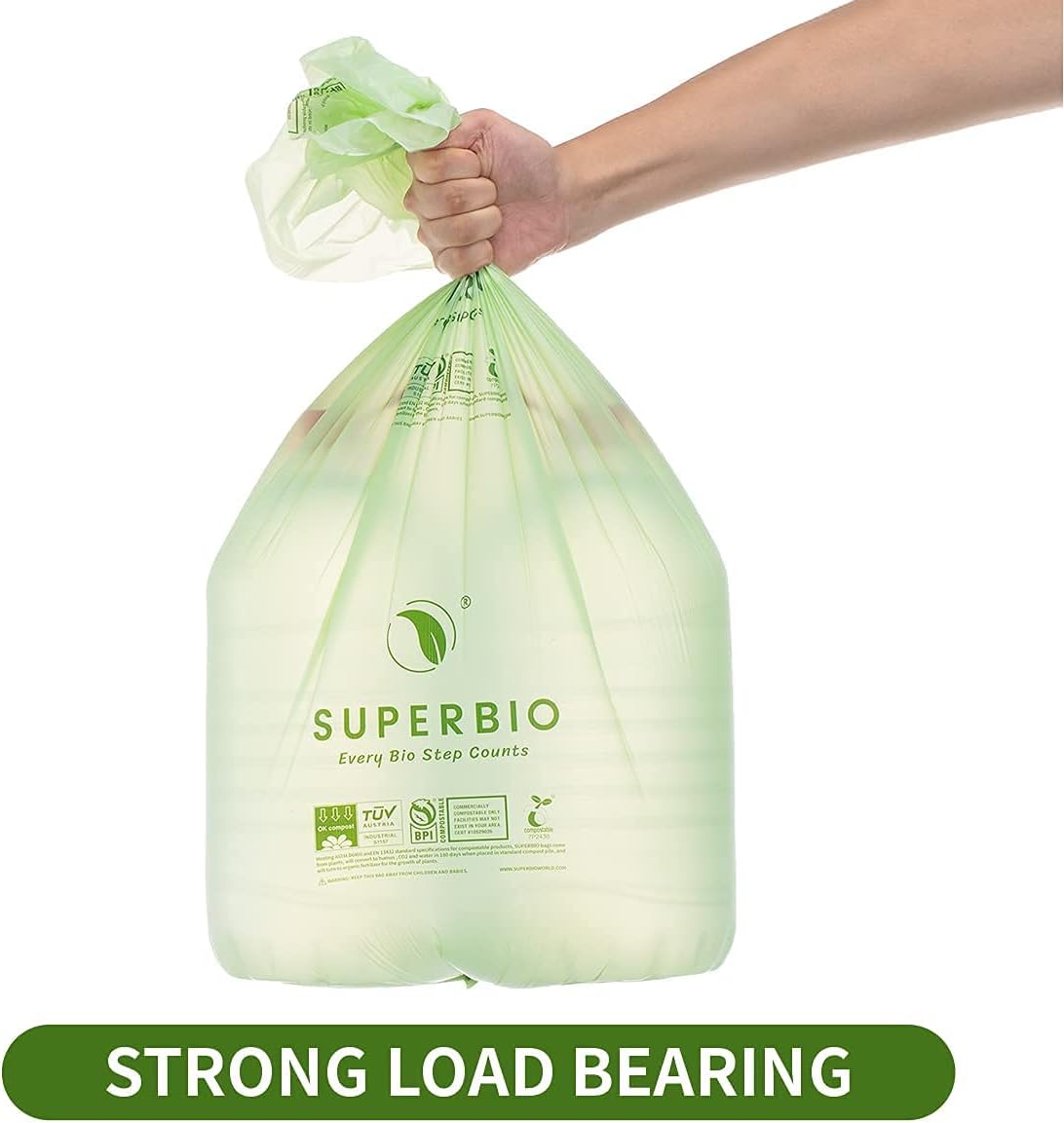SUPERBIO 1.6 Gallon Handle Tie Compostable Food Scrap Bags For Counter Top Compost Bin, Small Compost Bags, 50 Count, 6 Liter, BPI & OK compost INDUSTRIAL Certified