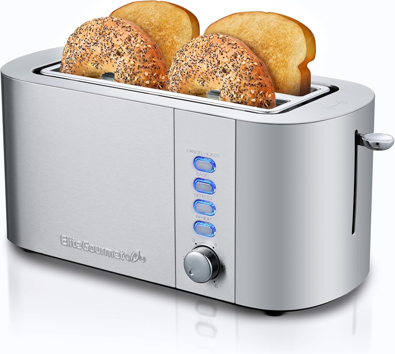 Elite Gourmet ECT-3100 Long Slot 4 Slice Toaster, Reheat, 6 Toast Settings, Defrost, Cancel Functions, Built-in Warming Rack, Extra Wide Slots for Bagels & Waffles, Stainless Steel & Black