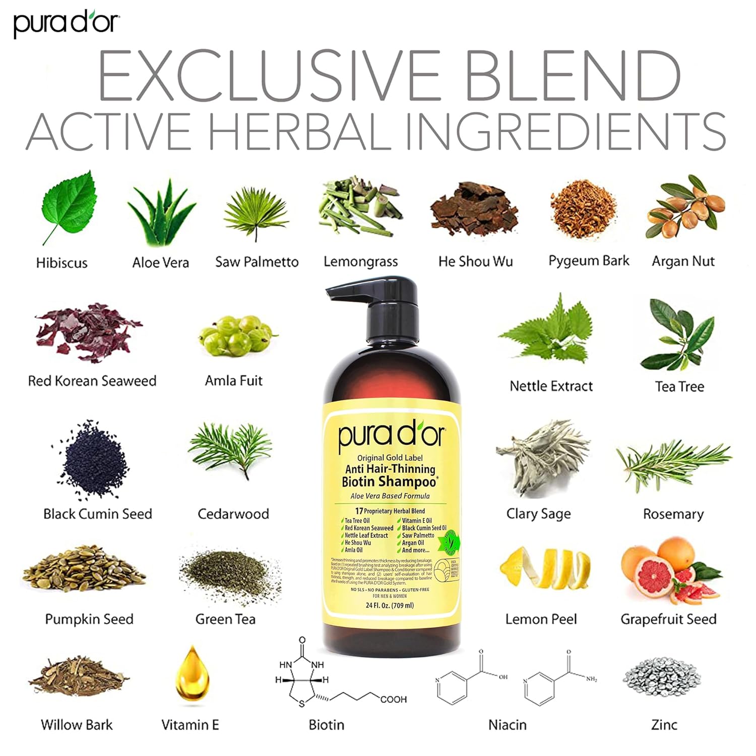 PURA D'OR Anti-Thinning Biotin Shampoo & Deep Moisturizing Conditioner Original Gold Label Set (16oz x2) Natural Earthy Scent, CLINICALLY TESTED Effective Results, DHT Blocker Thickening, Women & Men