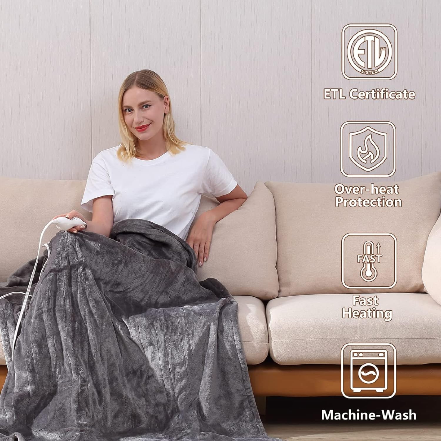 Tefici Electric Heated Blanket Throw, Super Cozy Soft 2-Layer Flannel 50