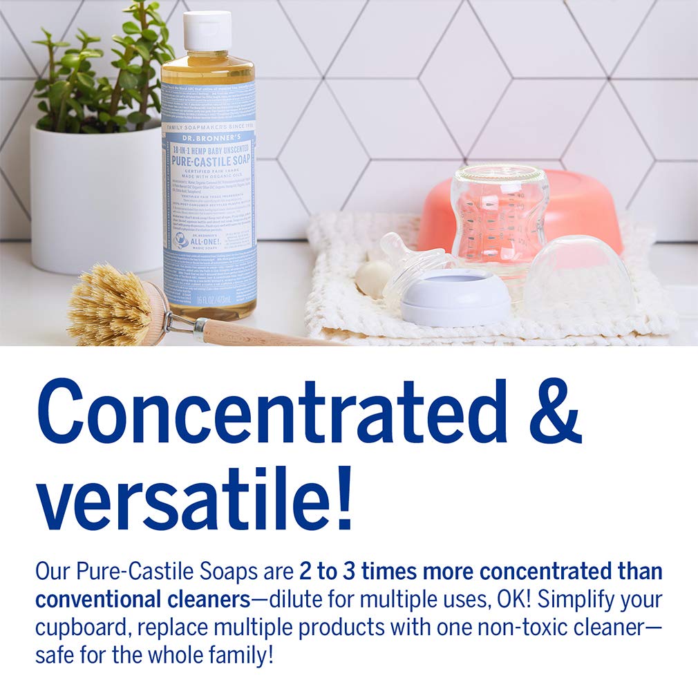 Dr. Bronner's - Pure-Castile Liquid Soap (Baby Unscented, 8 Ounce) - Made with Organic Oils, 18-in-1 Uses: Face, Hair, Laundry, Dishes, For Sensitive Skin, Babies, No Added Fragrance, Vegan, Non-GMO