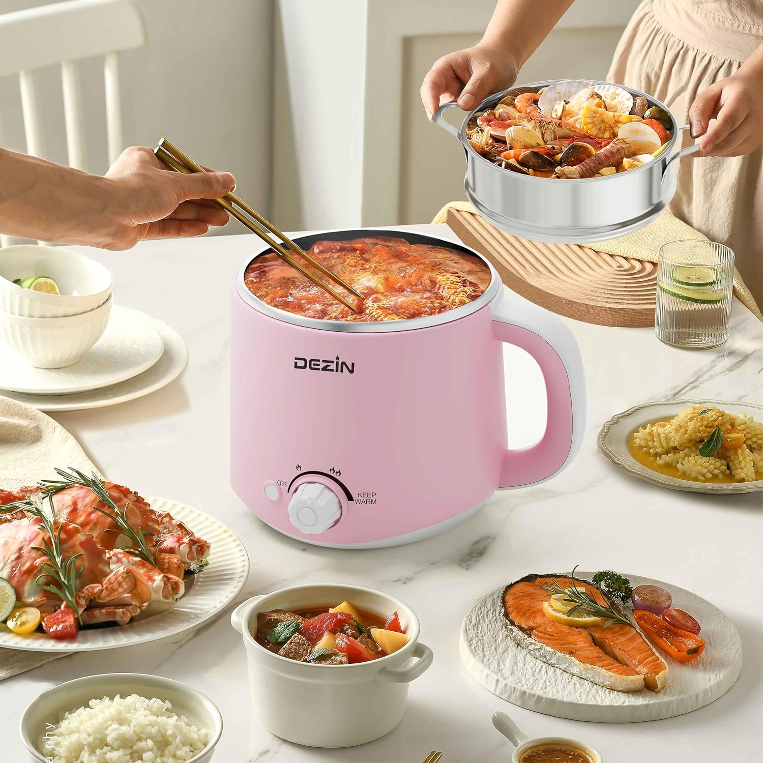 Dezin Electric Pot, 1.6L Ramen Cooker, Hot Pot Electric Stainless Steel, Multifunctional Electric Cooker for Egg, Pasta, Soup, Porridge, Oatmeal with Temperature Control and Keep Warm Function