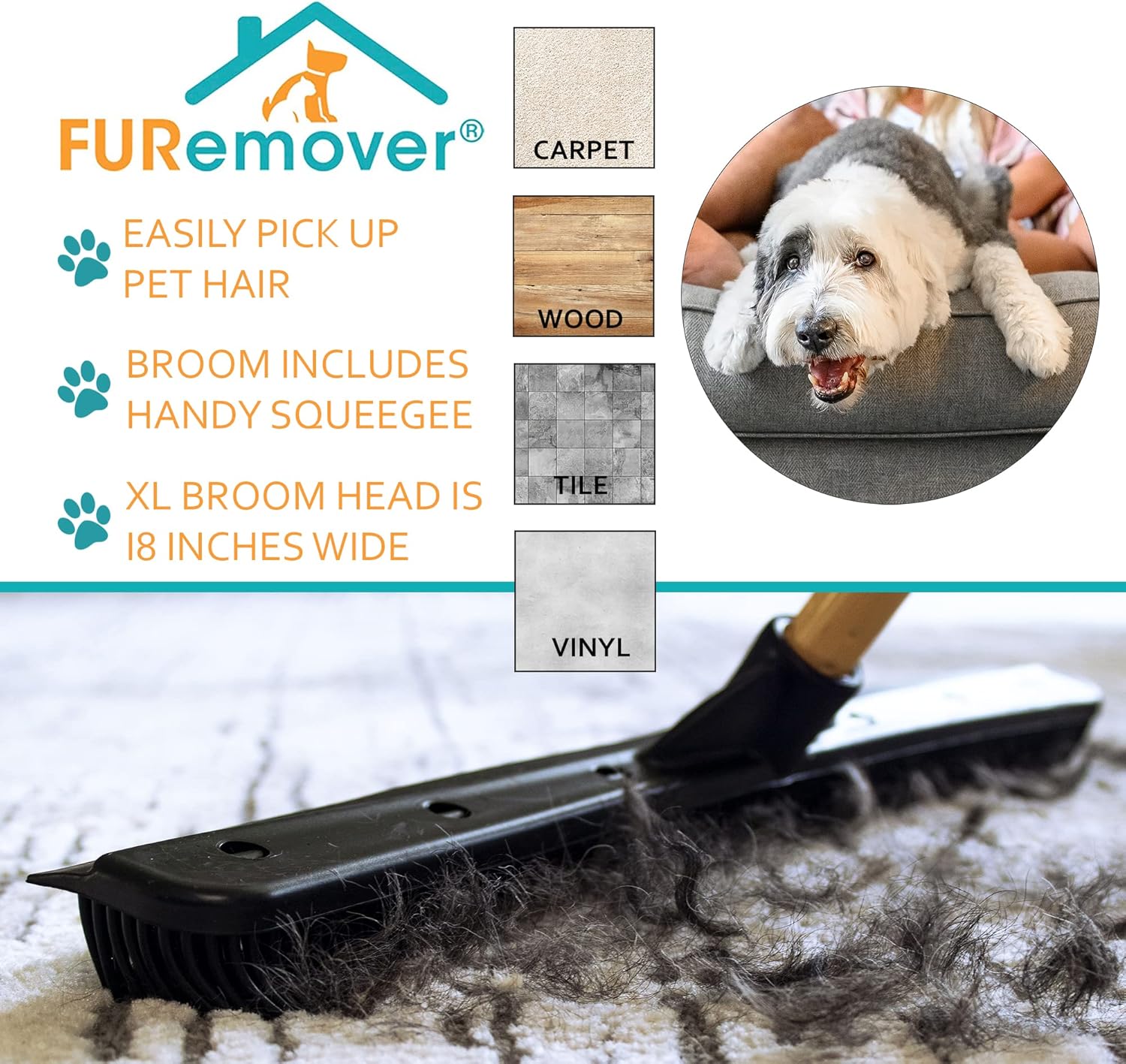 FURemover Original Indoor Pet Hair Rubber Broom with Carpet Rake and Squeegee, Black and Yellow