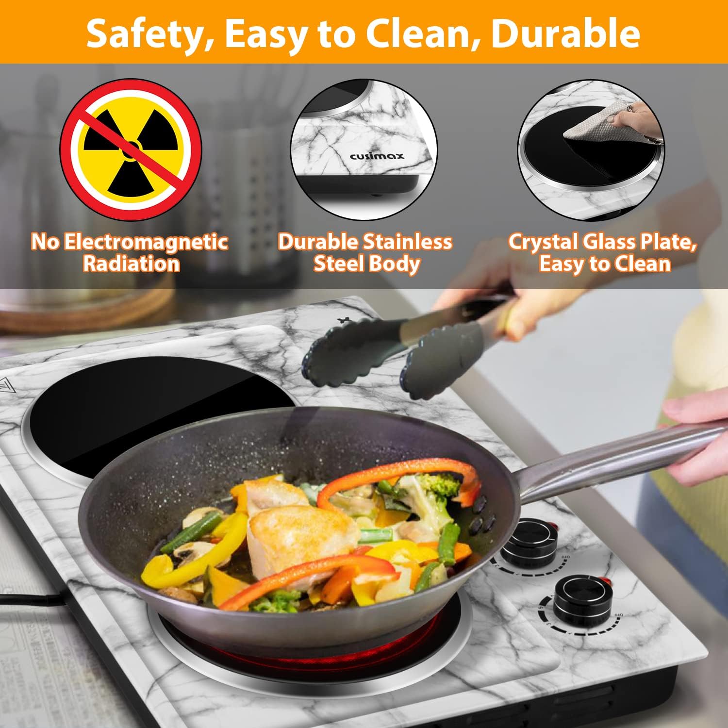 CUSIMAX 1800W Ceramic Electric Hot Plate for Cooking, Dual Control Infrared Cooktop, Double Burner, Portable Countertop Burner, Glass Plate Electric Cooktop, Silver, Stainless Steel-Upgraded Version