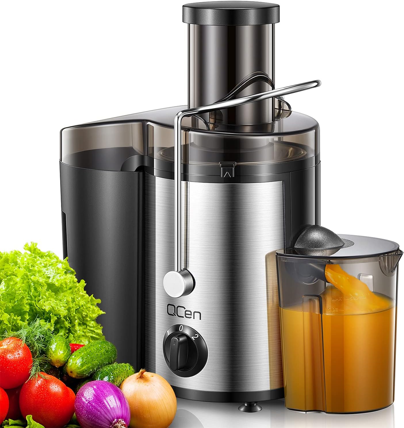 Qcen Juicer Machine, 800W Centrifugal Juicer Extractor with Wide Mouth 3” Feed Chute for Fruit Vegetable, Easy to Clean, Stainless Steel, BPA-free (Black)