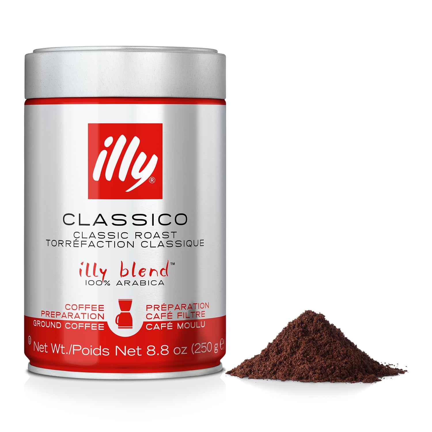 illy Classico Espresso Ground Coffee, Medium Roast, Classic Roast with Notes of Chocolate & Caramel, 100% Arabica Coffee, All-Natural, No Preservatives, 8.8 oz, Ground for Espresso Machines