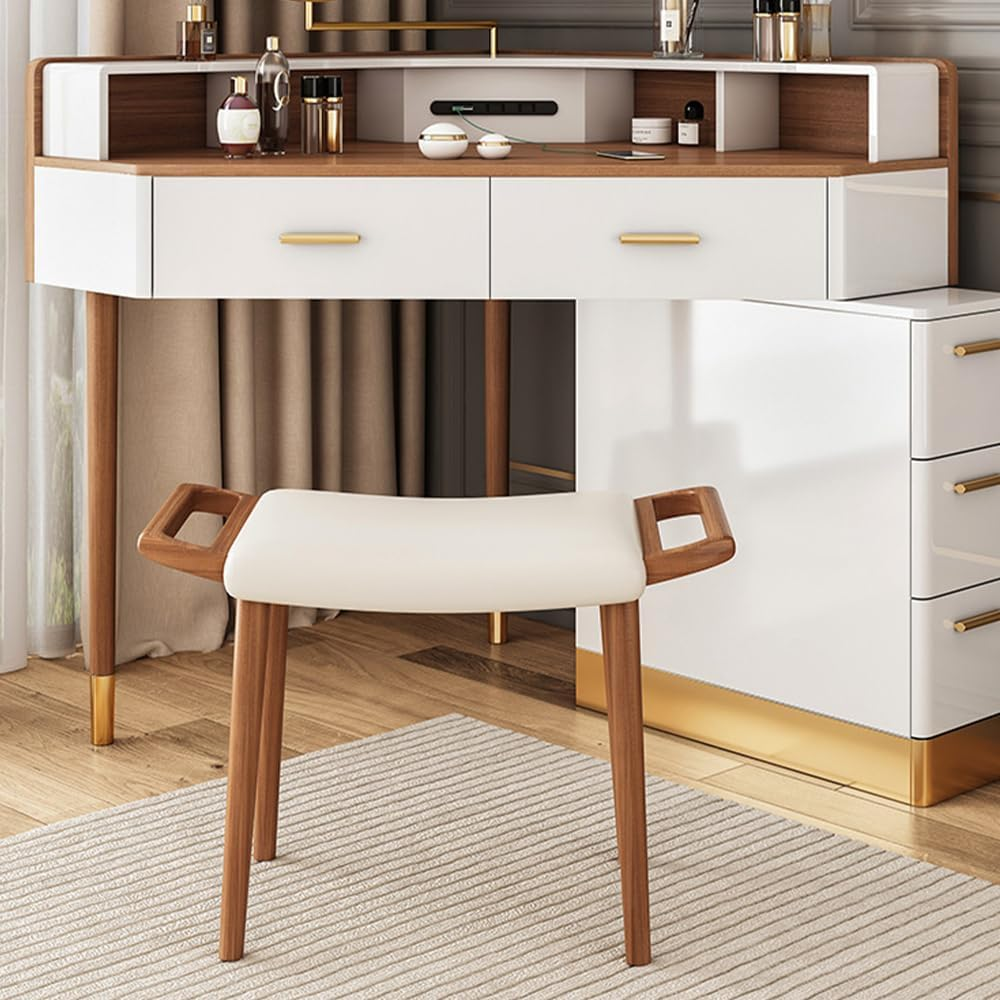 Modern Corner Dressing Table with LED Illuminated Mirror Dressing Table with 5 Drawers Piano Lacquer Solid Wood Legs Stool Dark Walnut 75 cm