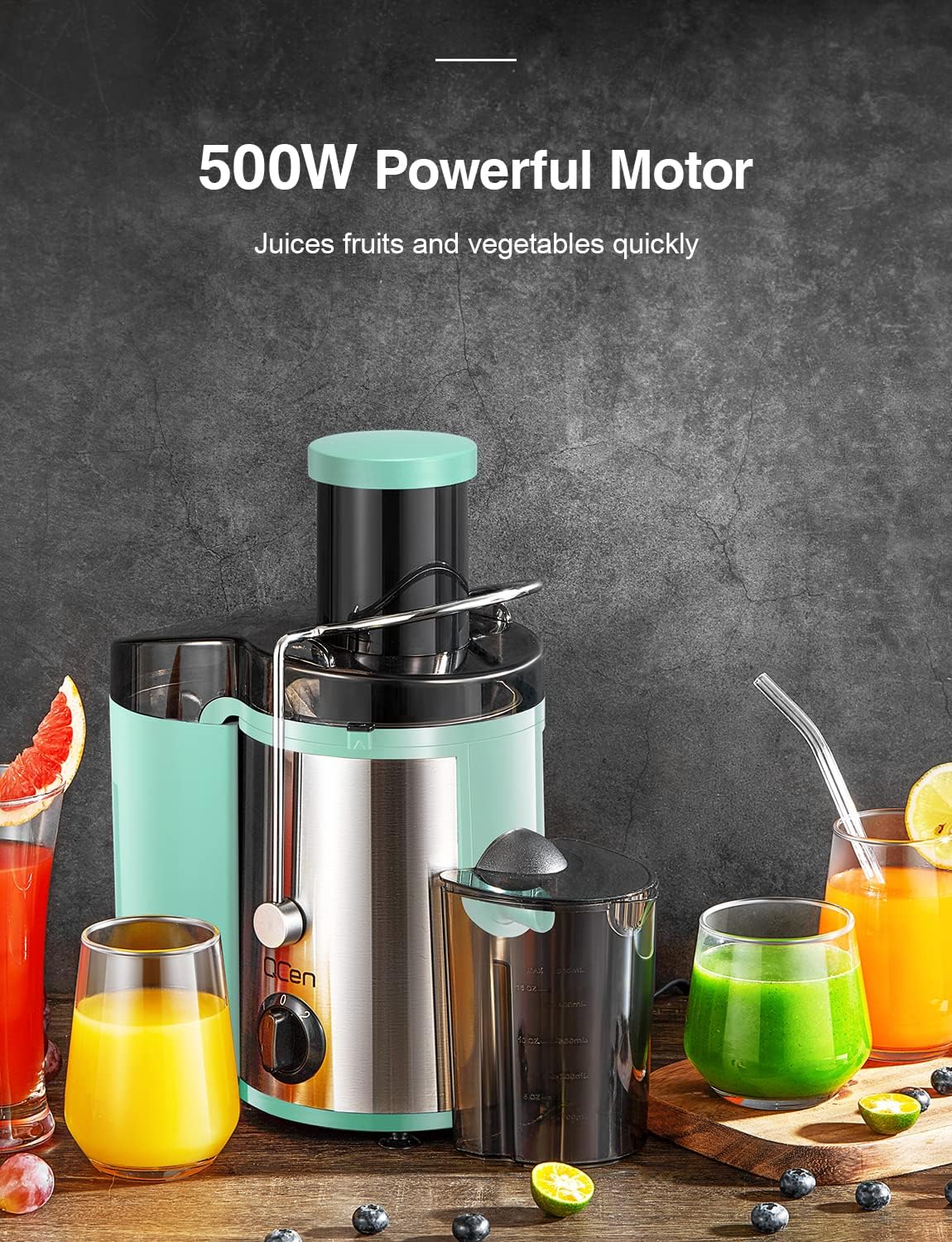 Qcen Juicer Machine, 800W Centrifugal Juicer Extractor with Wide Mouth 3” Feed Chute for Fruit Vegetable, Easy to Clean, Stainless Steel, BPA-free (Black)