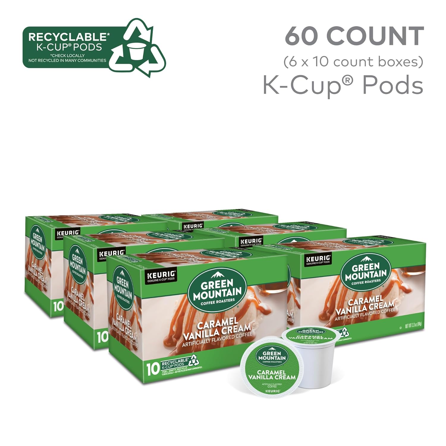 Green Mountain Coffee Roasters Caramel Vanilla Cream Keurig Single-Serve K-Cup pods, Light Roast Coffee, 72 Count (6 Packs of 12)