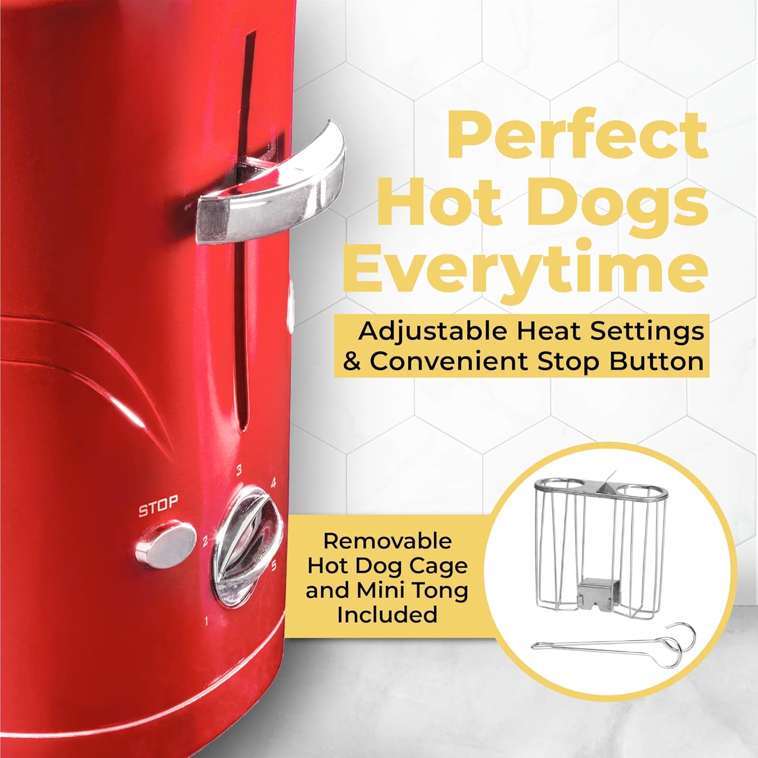 Nostalgia 2 Slot Hot Dog and Bun Toaster with Mini Tongs, Retro Toaster, Cooker that Works Chicken, Turkey, Veggie Links, Sausages Brats, Metallic Red