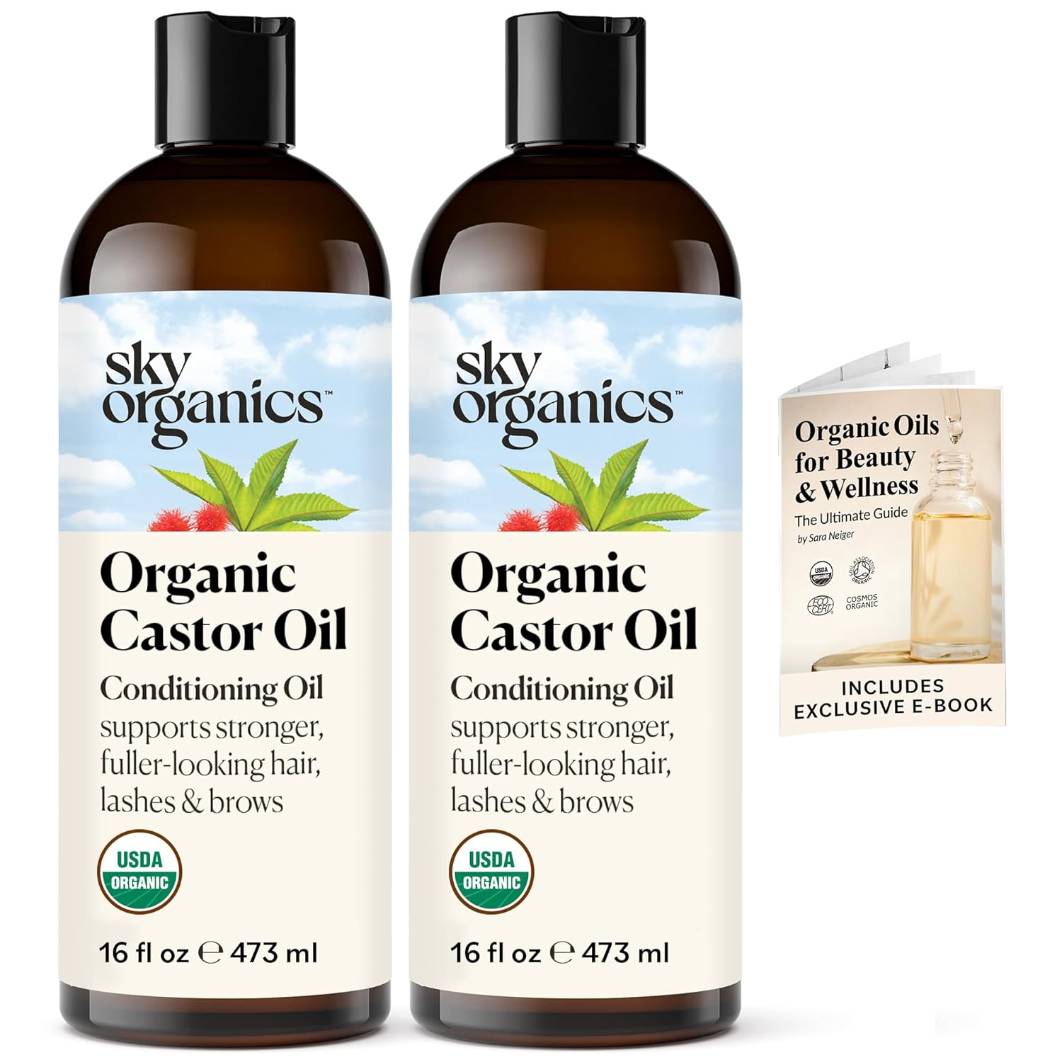 Sky Organics Organic Castor Oil, 100% Pure, Hexane Free, Cold-Pressed to Support Stronger, Fuller-Looking Hair, Eyelashes & Eyebrows,Good for Castor Packs, Navel Oiling, Carrier Oil Use, 16 fl oz