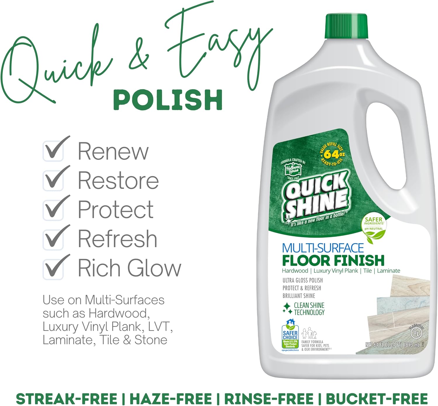 Quick Shine Multi Surface Floor Finish 64oz | Cleaner & Polish to use on Hardwood, Laminate, Luxury Vinyl Plank LVT, Tile & Stone