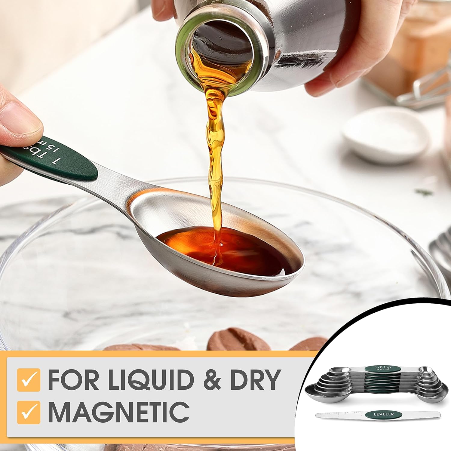 Spring Chef Magnetic Measuring Spoons Set with Strong N45 Magnets, Heavy Duty Stainless Steel Metal, Fits in Most Kitchen Spice Jars for Baking & Cooking, BPA Free, Black, Set of 8 with Leveler